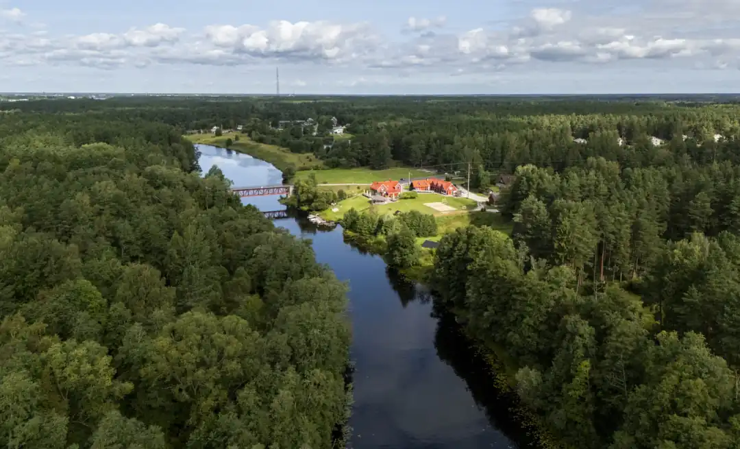 Reiu jõgi, männimets ja punaste katustega Reiu Puhkekeskus linnulennult